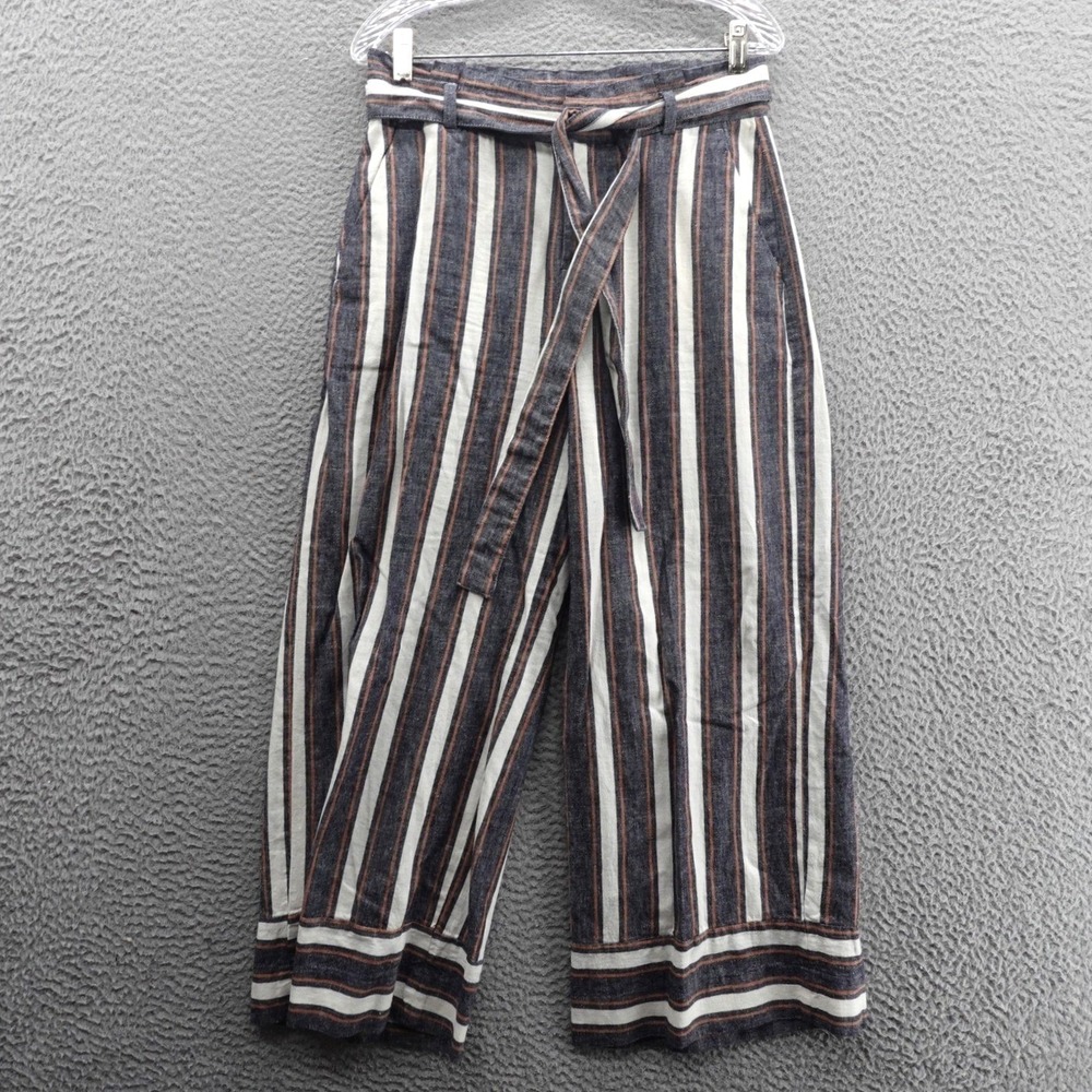 Banana Republic Blake Crop Pants Size 6 Linen Blend Striped Wide Leg Belted